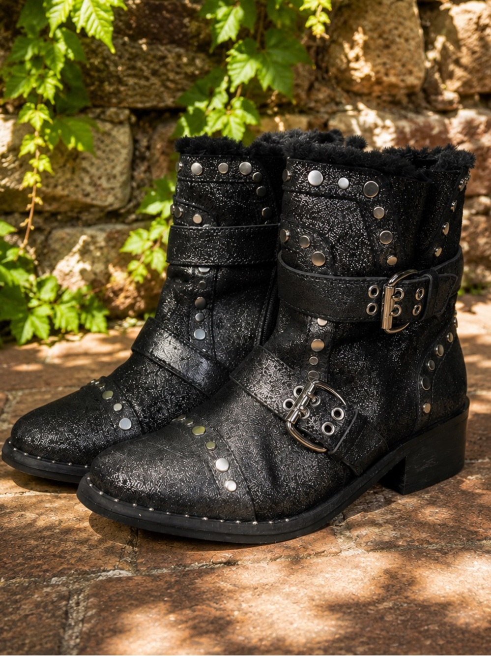 SAM EDELMAN Whimisgoth Pewter Metallic Studded Rock and Roll Moto Boots, 9